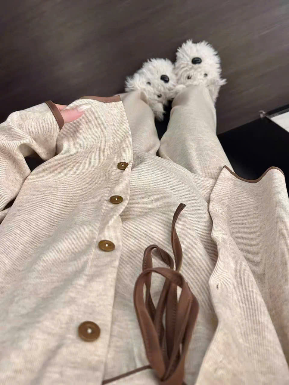 S409 - SET NỮ 3CT TĂM BE VIỀN NÂU ÁO 2S MIX CARDIGAN QUẦN SUÔNG