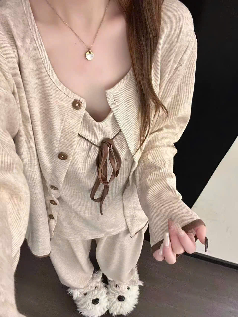 S409 - SET NỮ 3CT TĂM BE VIỀN NÂU ÁO 2S MIX CARDIGAN QUẦN SUÔNG