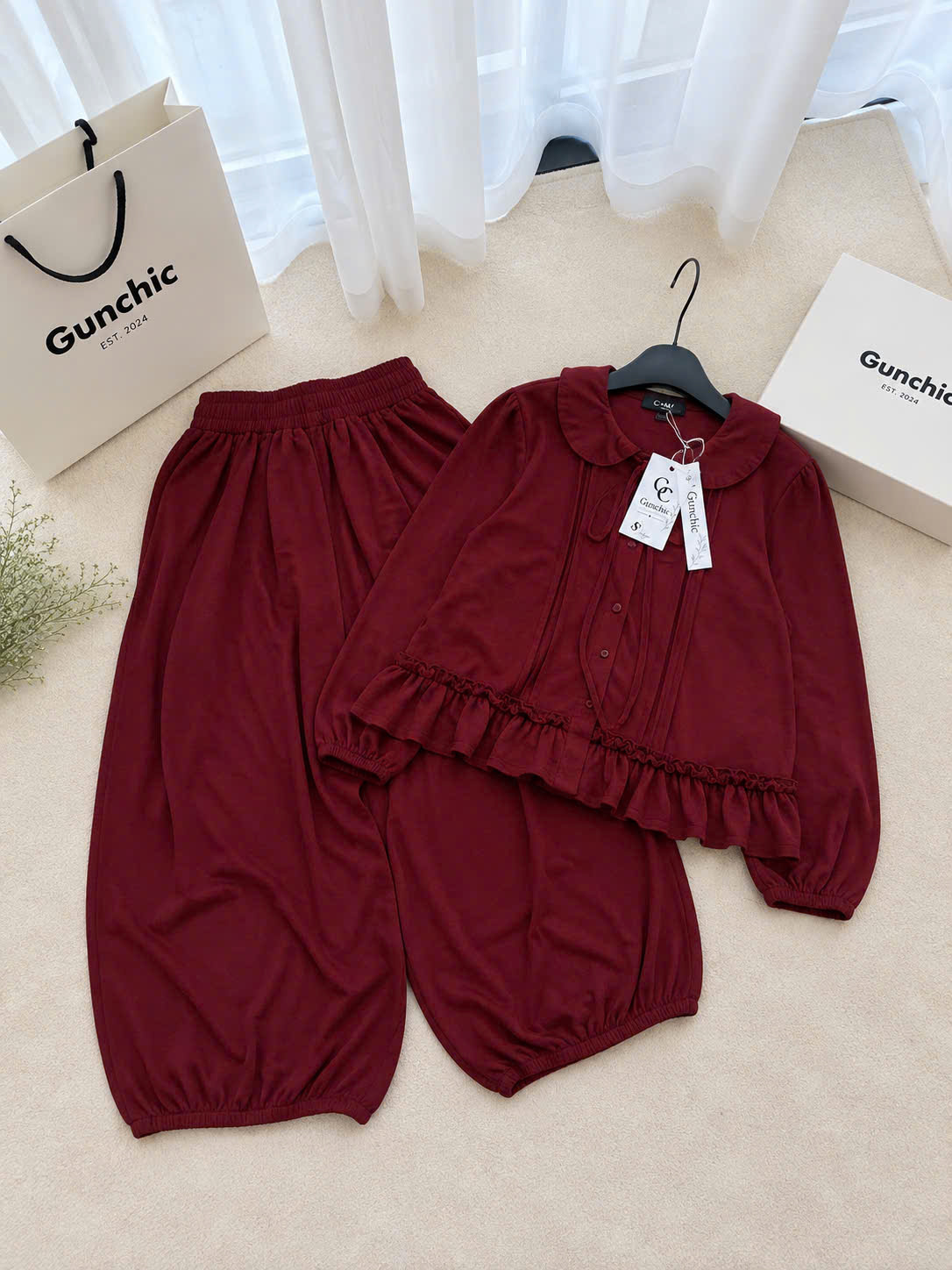 S418 - BỘ NỮ TĂM THỎ CỔ SEN NƠ BÈO GẤU QUẦN BOMBER