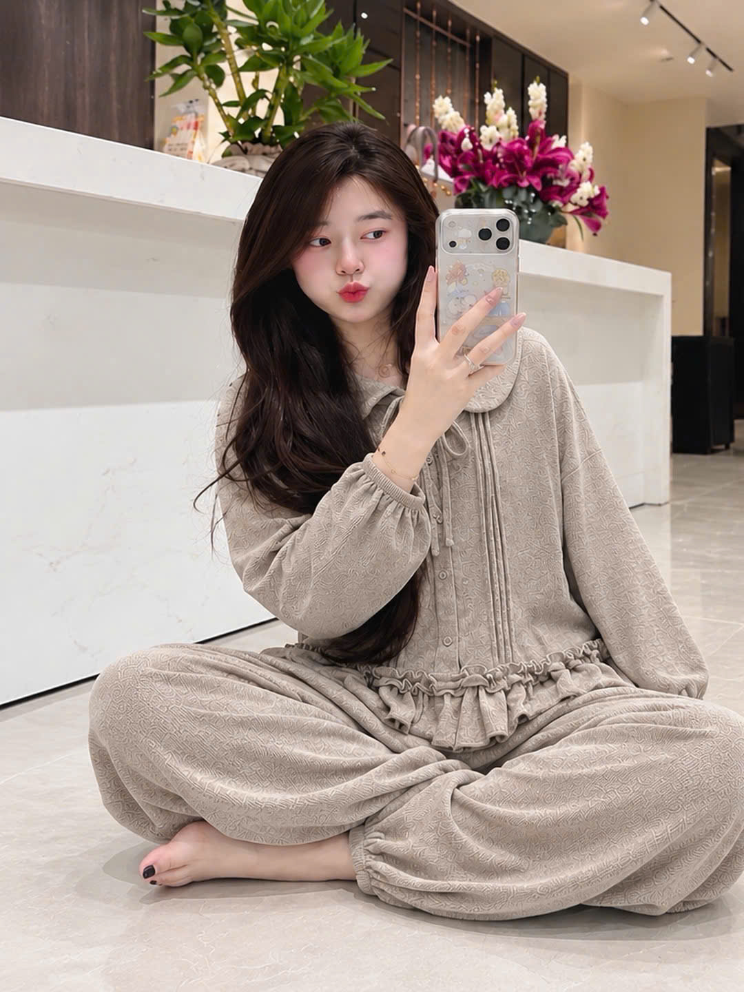 S418 - BỘ NỮ TĂM THỎ CỔ SEN NƠ BÈO GẤU QUẦN BOMBER