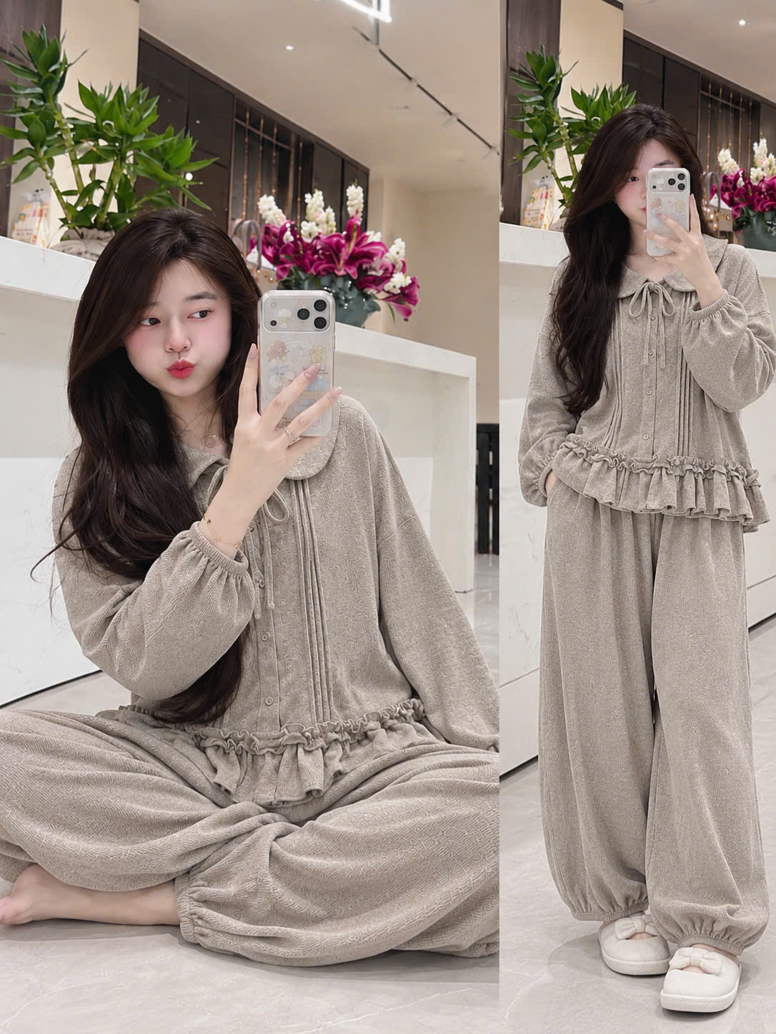 S418 - BỘ NỮ TĂM THỎ CỔ SEN NƠ BÈO GẤU QUẦN BOMBER