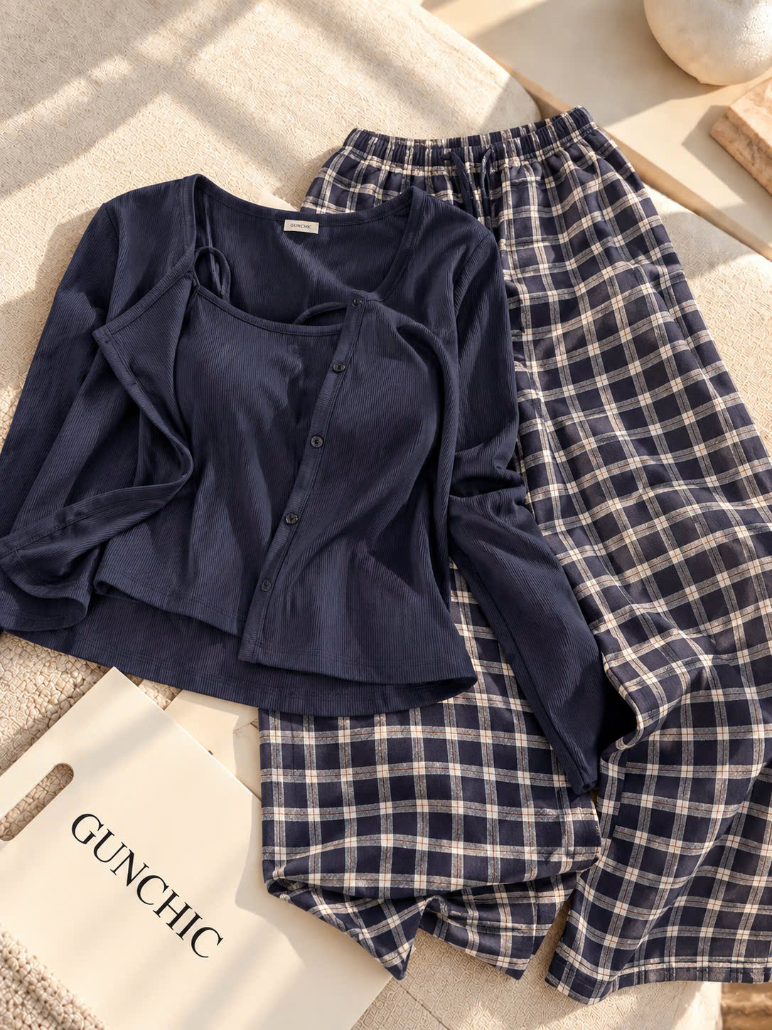 S419 - SET NỮ 3CT CARDIGAN THAN ÁO 2S MIX QUẦN CARO XANH