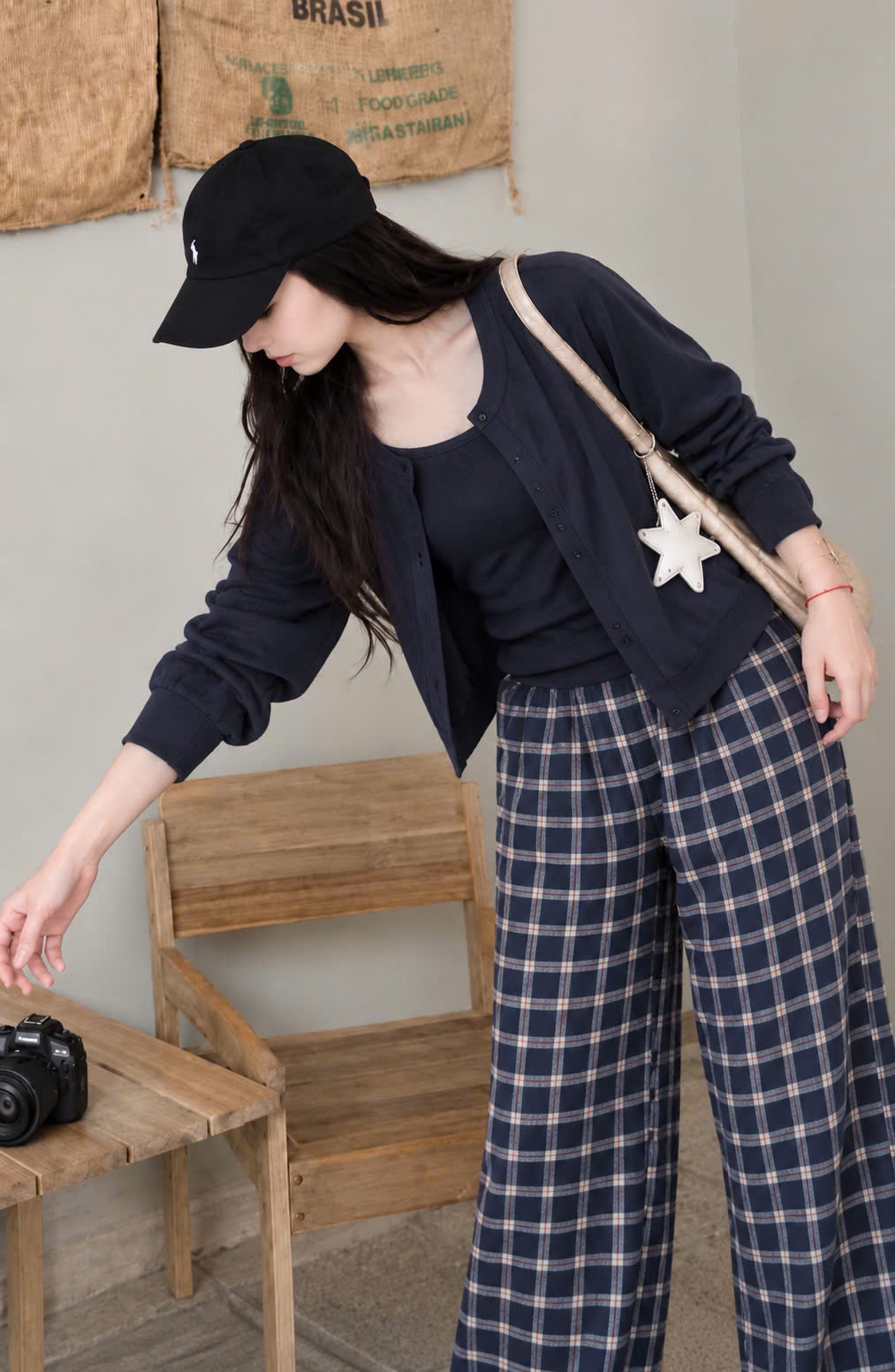 S419 - SET NỮ 3CT CARDIGAN THAN ÁO 2S MIX QUẦN CARO XANH