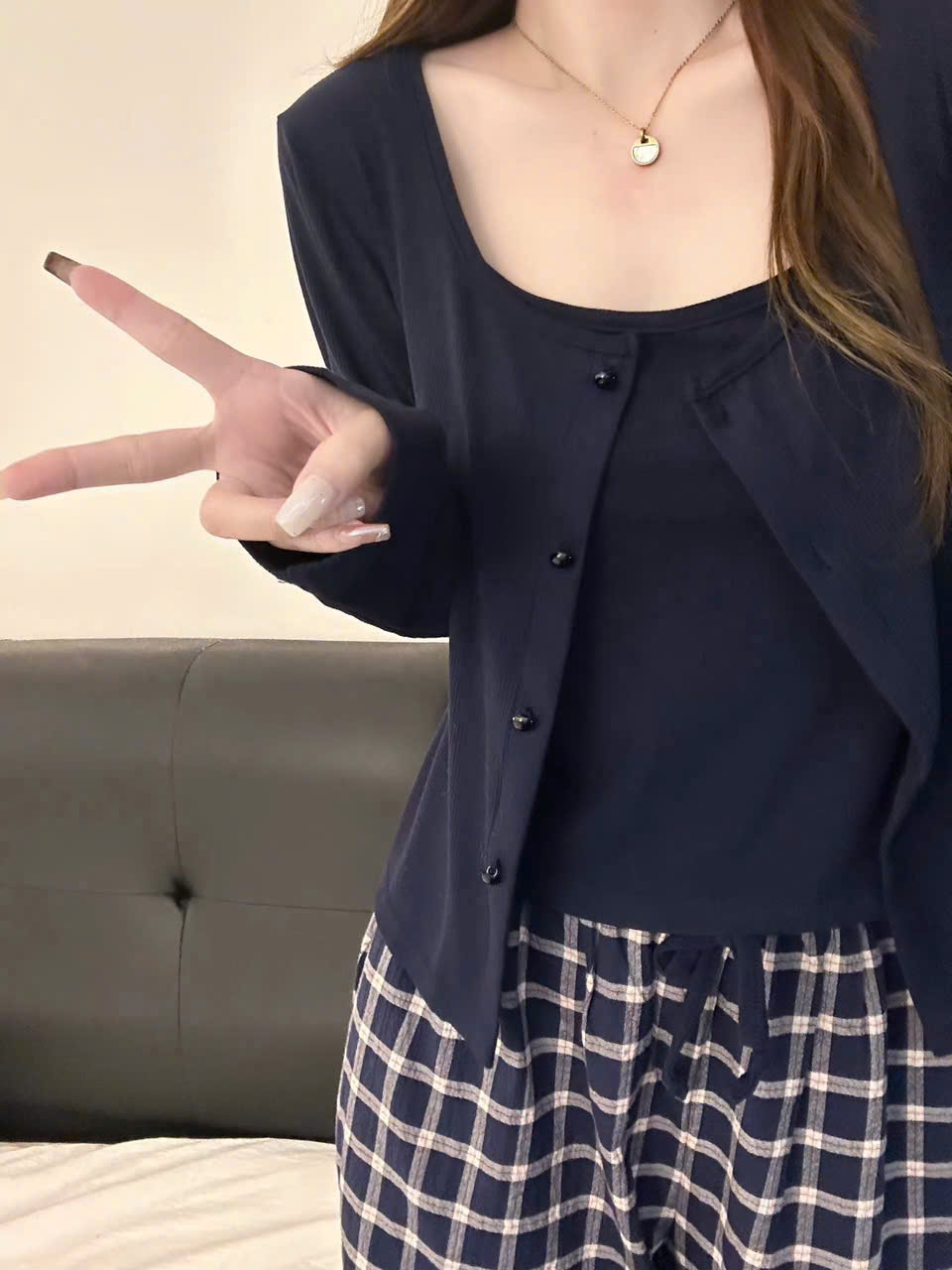 S419 - SET NỮ 3CT CARDIGAN THAN ÁO 2S MIX QUẦN CARO XANH