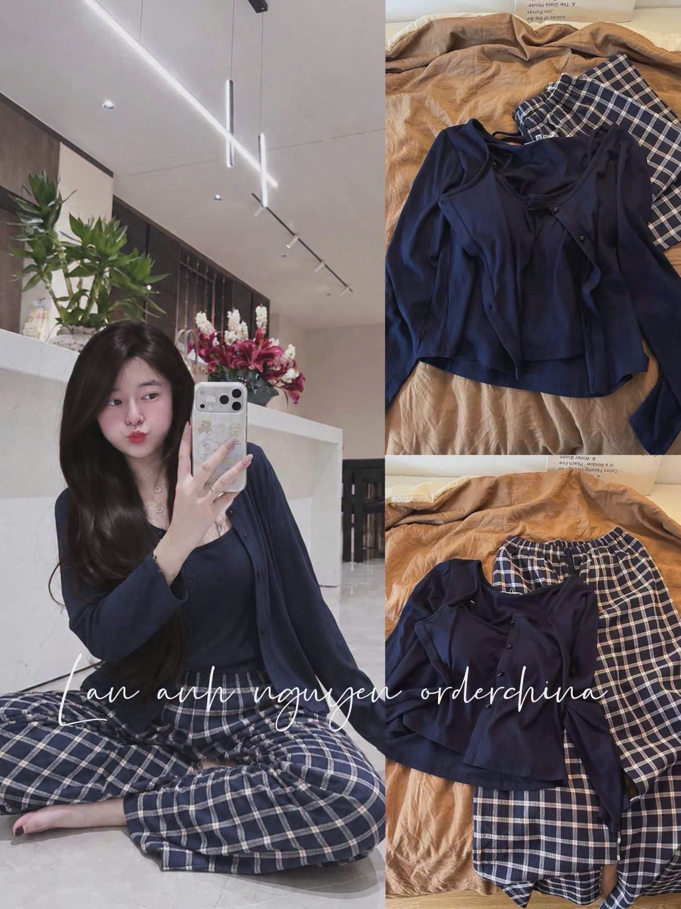 S419 - SET NỮ 3CT CARDIGAN THAN ÁO 2S MIX QUẦN CARO XANH