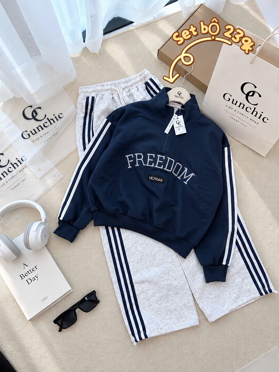 S422 - SET NỮ HAIDA CỔ KHÓA FREEDOM ÁO THAN QUẦN GHI SUÔNG