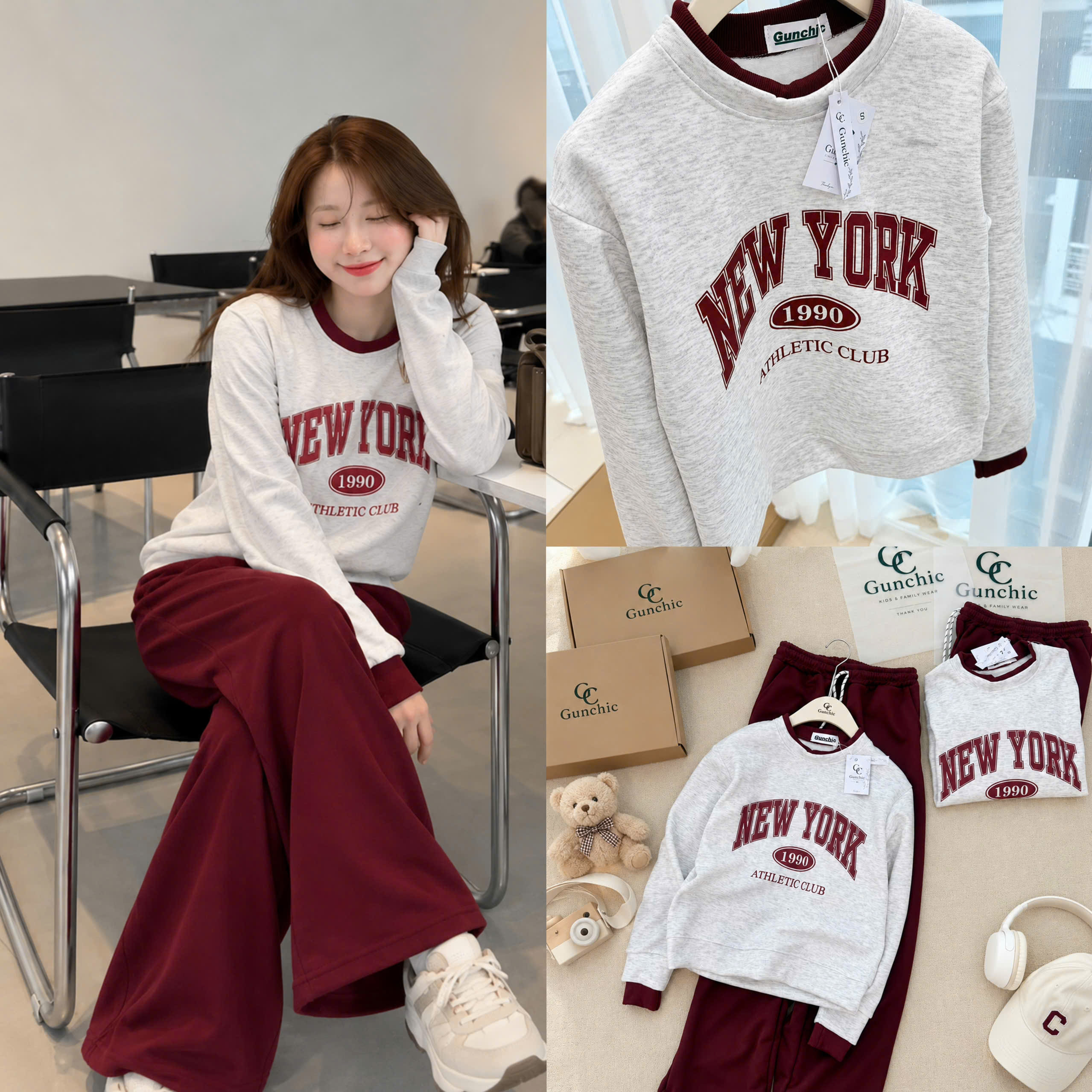 S426 - BỘ NỮ NỈ HAIDA ÁO GHI NEWYORK QUẦN SUÔNG ĐỎ
