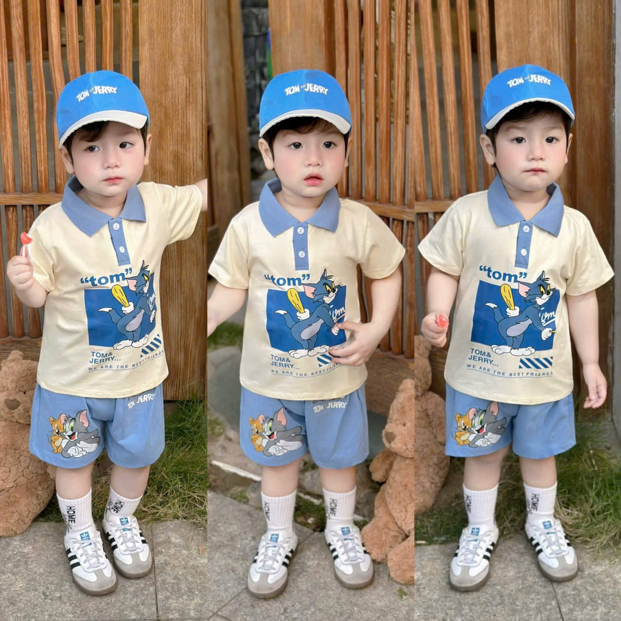 T149 - BỘ BÉ TRAI ÁO POLO BE CỔ XANH TOM JERRY KÈM MŨ