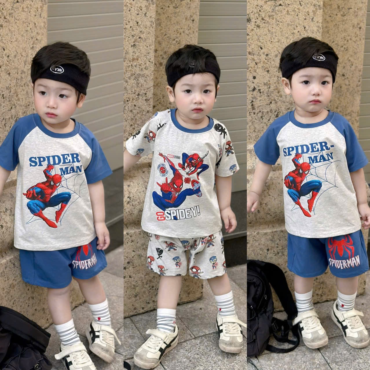 T150 - SET 2 BỘ ĐÙI BÉ TRAI SPIDERMAN PHỐI xanh ghi