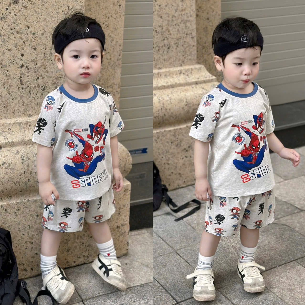 T150 - SET 2 BỘ ĐÙI BÉ TRAI SPIDERMAN PHỐI xanh ghi