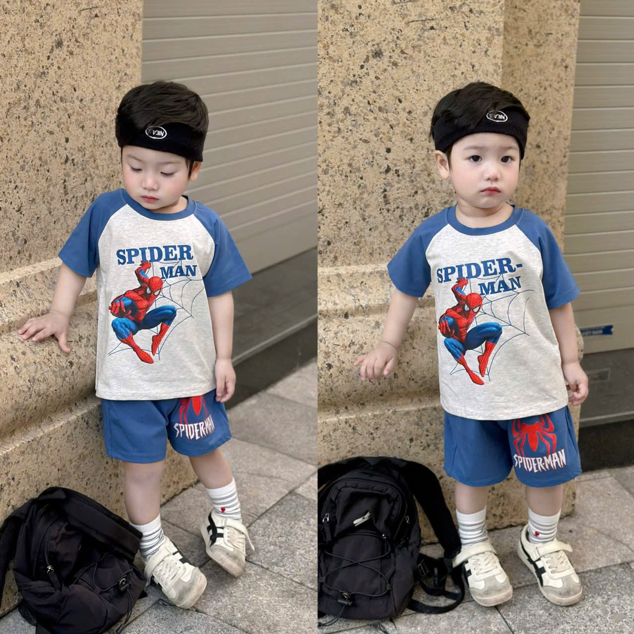 T150 - SET 2 BỘ ĐÙI BÉ TRAI SPIDERMAN PHỐI xanh ghi