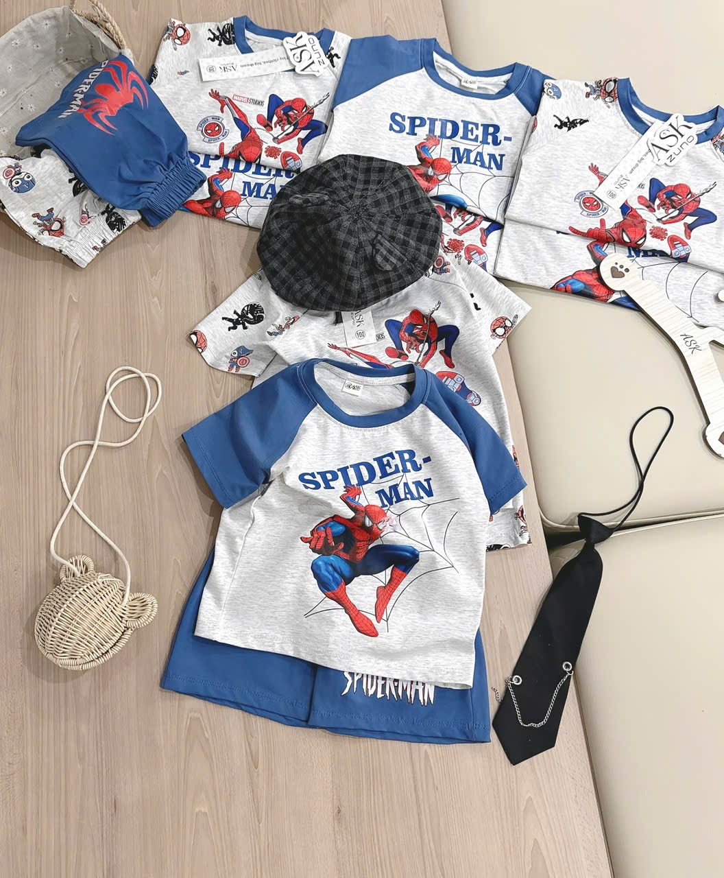 T150 - SET 2 BỘ ĐÙI BÉ TRAI SPIDERMAN PHỐI xanh ghi