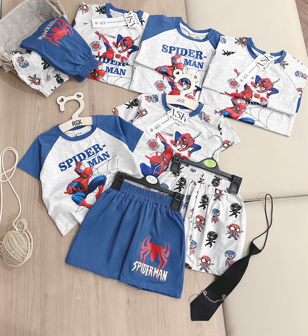 T150 - SET 2 BỘ ĐÙI BÉ TRAI SPIDERMAN PHỐI xanh ghi