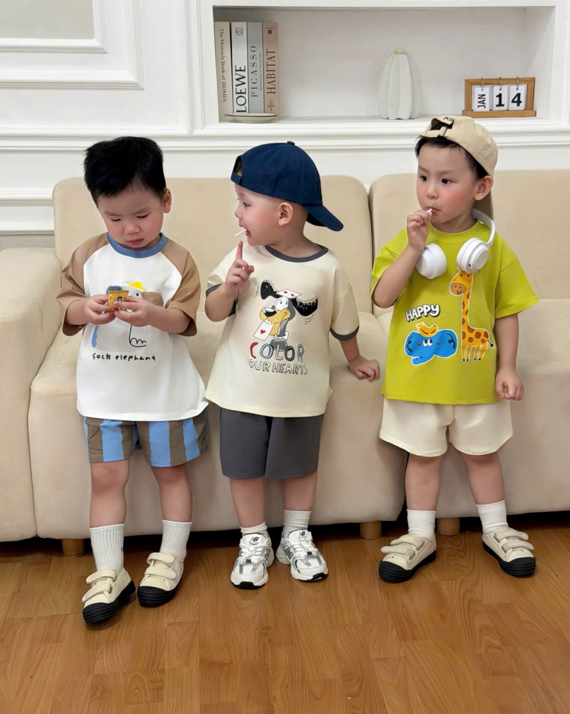 T152 - SET 3 BỘ ĐÙI BÉ TRAI HƯƠU VOI CHÓ xanh be trắng