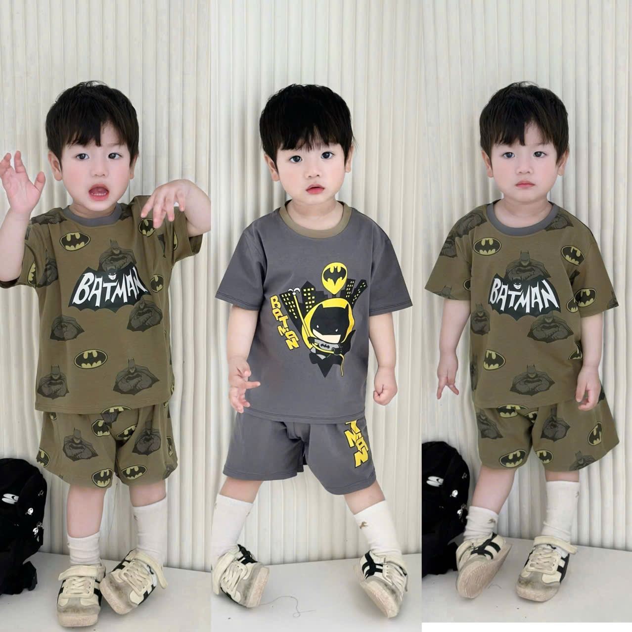 T153 - SET 2 BỘ ĐÙI BÉ TRAI BATMAN rêu xám