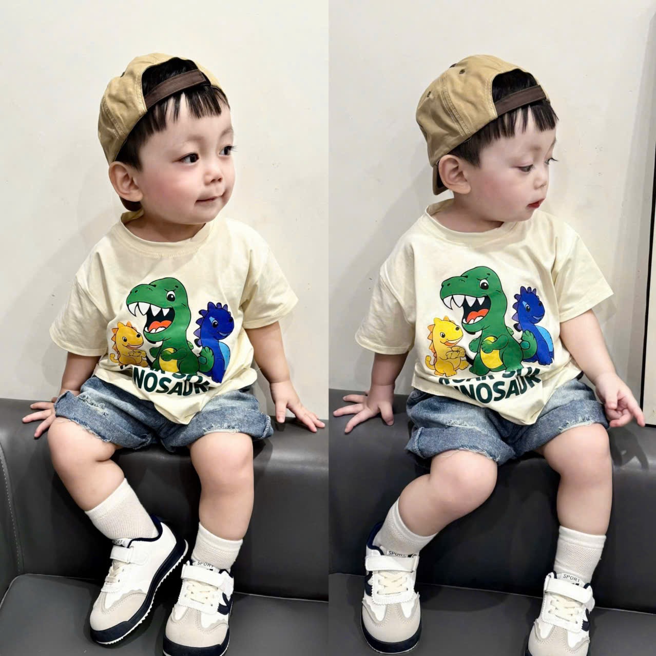 T154 - BỘ ĐÙI BÉ TRAI ÁO BE KHỦNG LONG QUẦN BÒ