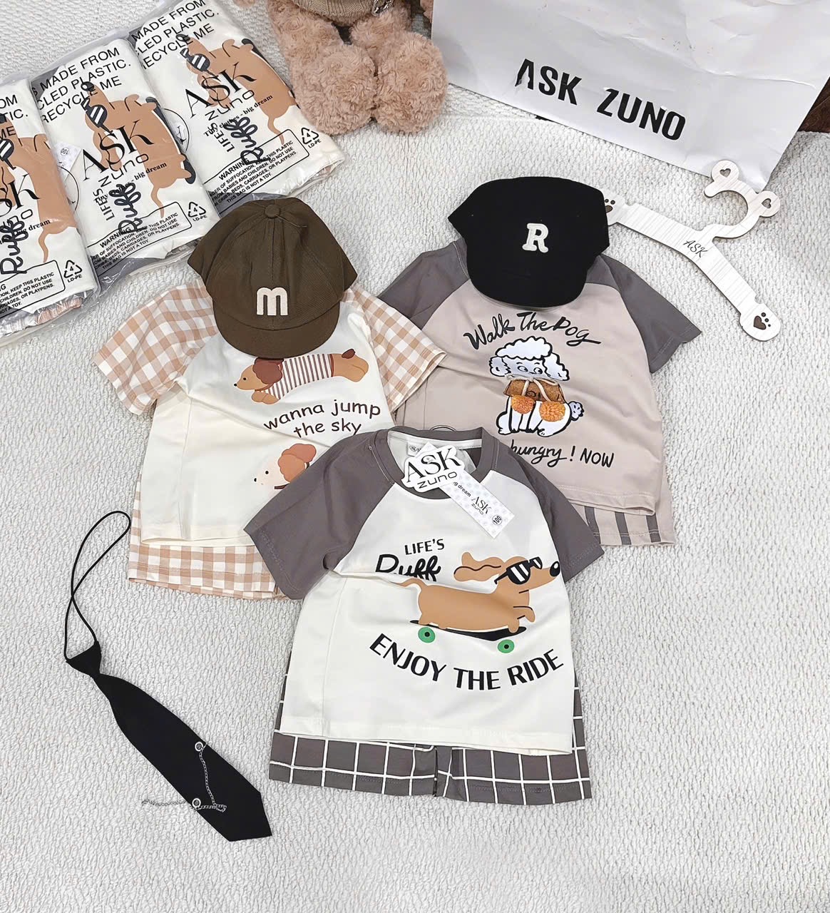 T155 - SET 3 BỘ ĐÙI BÉ TRAI CHÓ PUPPY nâu be caro