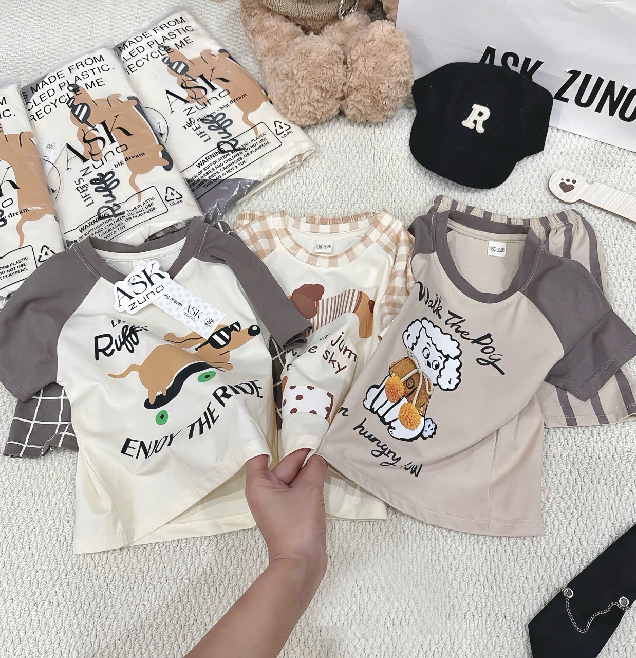 T155 - SET 3 BỘ ĐÙI BÉ TRAI CHÓ PUPPY nâu be caro