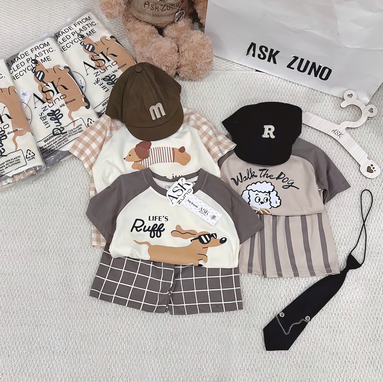 T155 - SET 3 BỘ ĐÙI BÉ TRAI CHÓ PUPPY nâu be caro