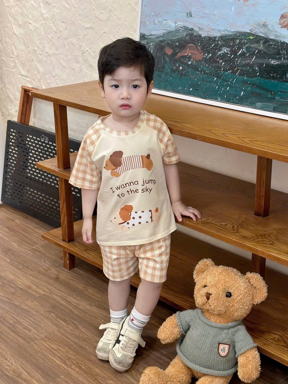 T155 - SET 3 BỘ ĐÙI BÉ TRAI CHÓ PUPPY nâu be caro