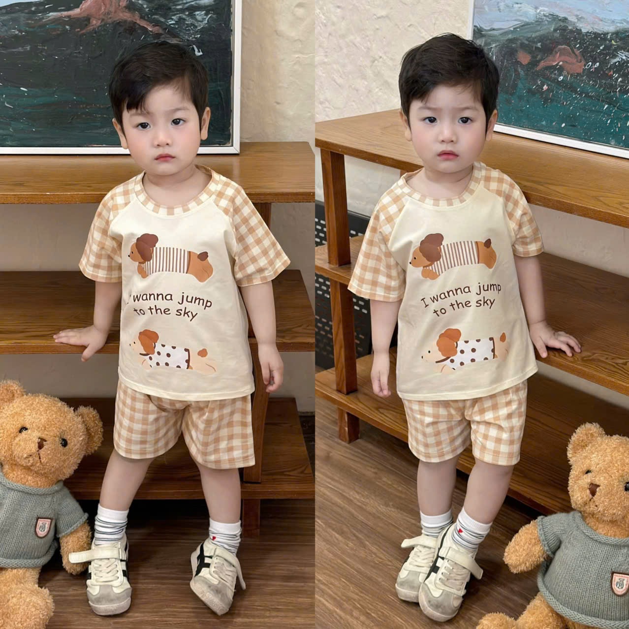 T155 - SET 3 BỘ ĐÙI BÉ TRAI CHÓ PUPPY nâu be caro