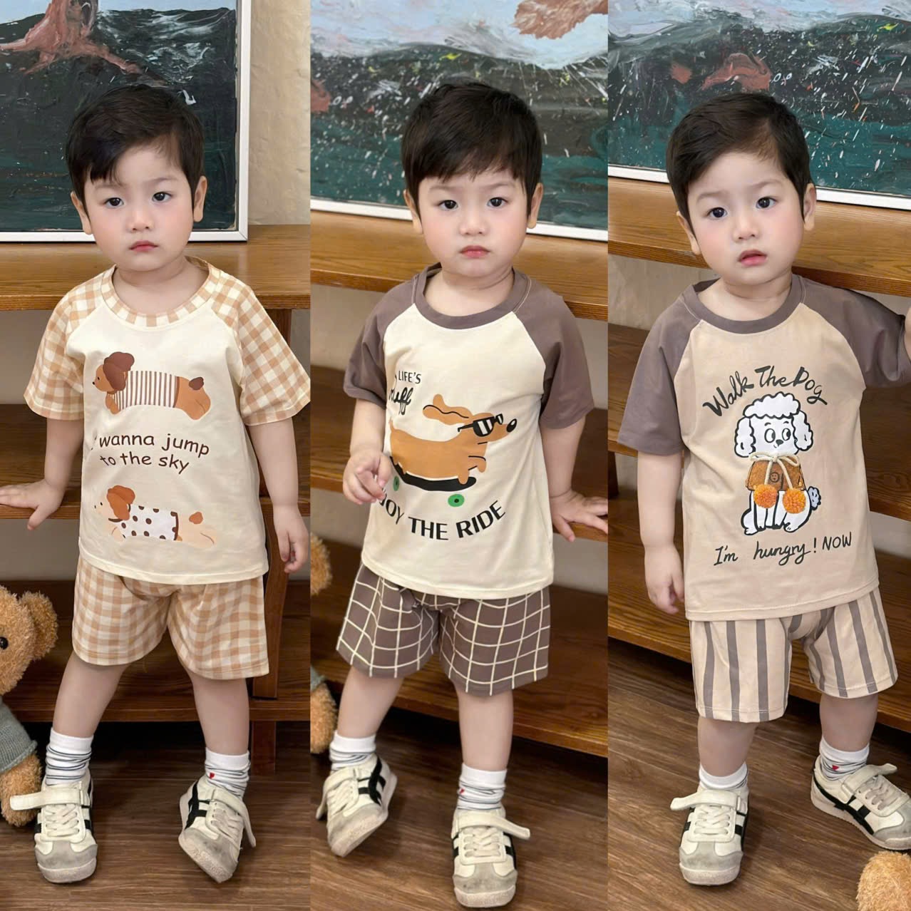 T155 - SET 3 BỘ ĐÙI BÉ TRAI CHÓ PUPPY nâu be caro