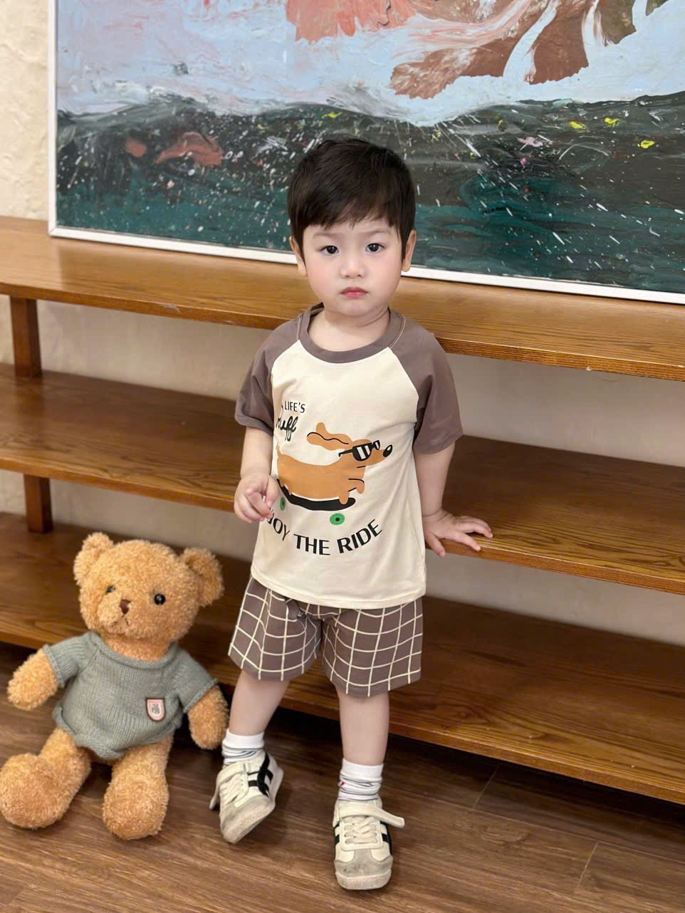 T155 - SET 3 BỘ ĐÙI BÉ TRAI CHÓ PUPPY nâu be caro