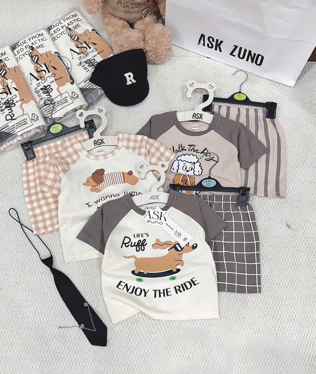 T155 - SET 3 BỘ ĐÙI BÉ TRAI CHÓ PUPPY nâu be caro