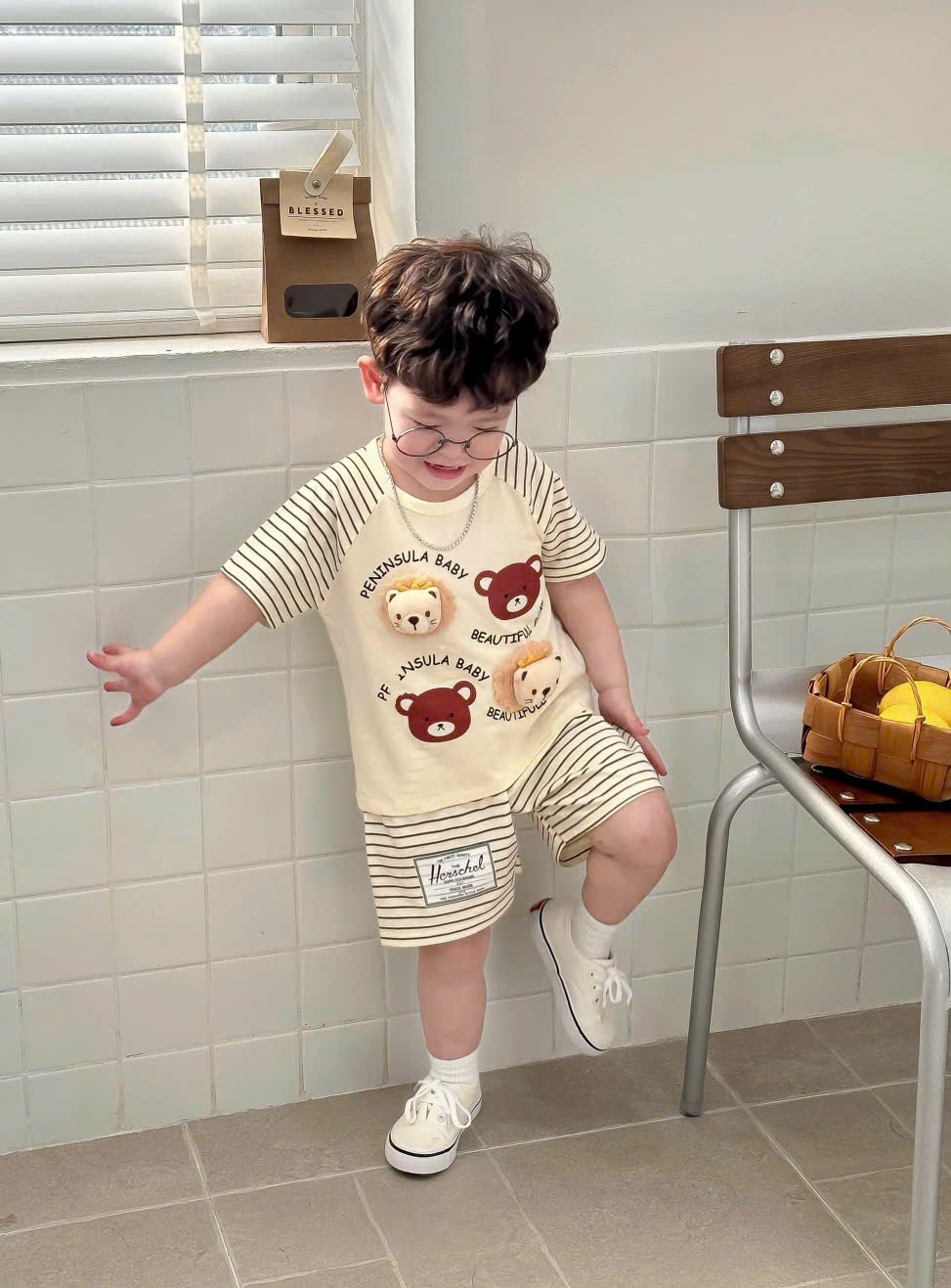 T156 - SET 2 BỘ ĐÙI BÉ TRAI VỊT GẤU NỔI PHỐI VÀNG KẺ