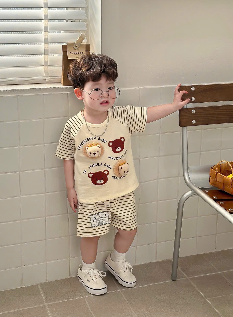 T156 - SET 2 BỘ ĐÙI BÉ TRAI VỊT GẤU NỔI PHỐI VÀNG KẺ