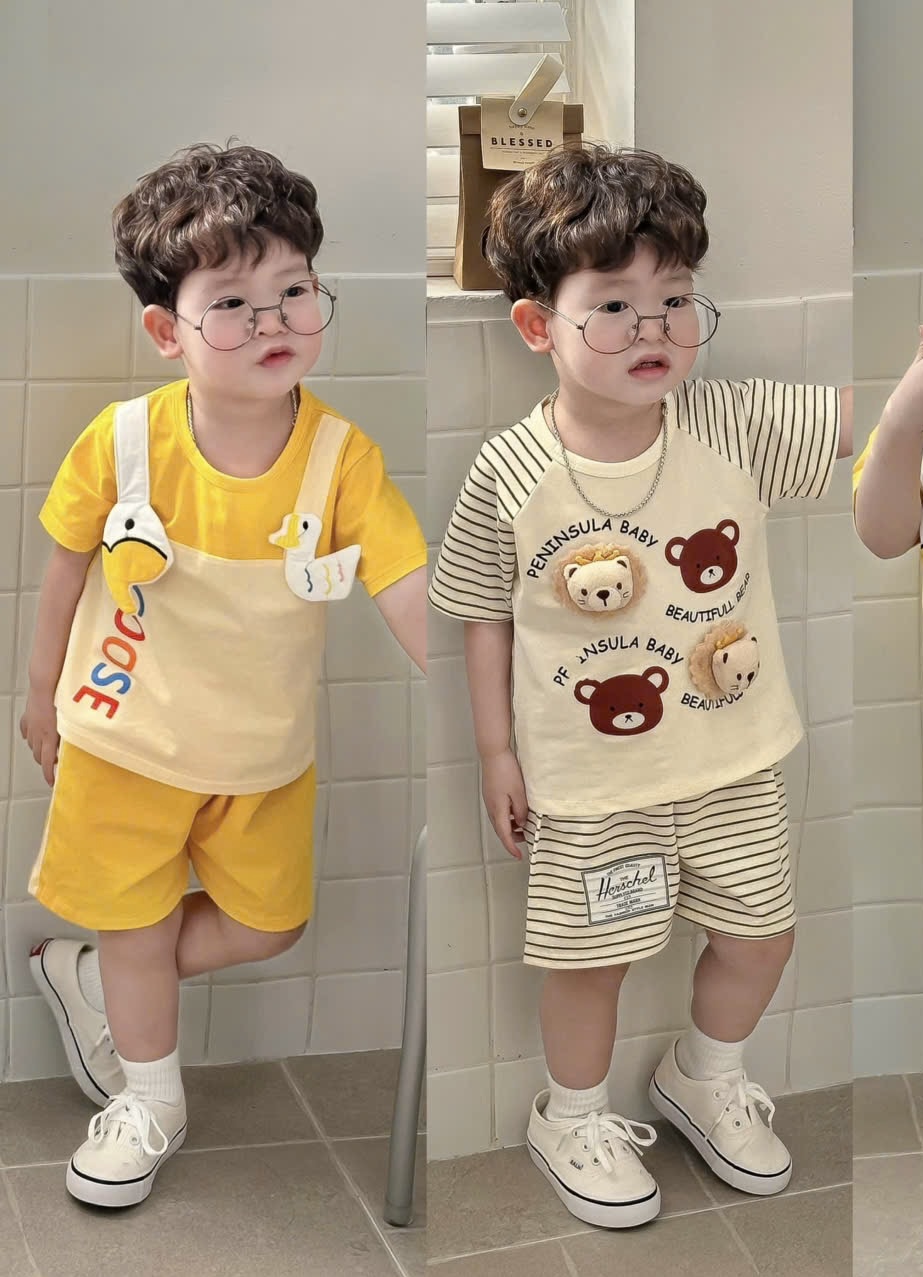 T156 - SET 2 BỘ ĐÙI BÉ TRAI VỊT GẤU NỔI PHỐI VÀNG KẺ