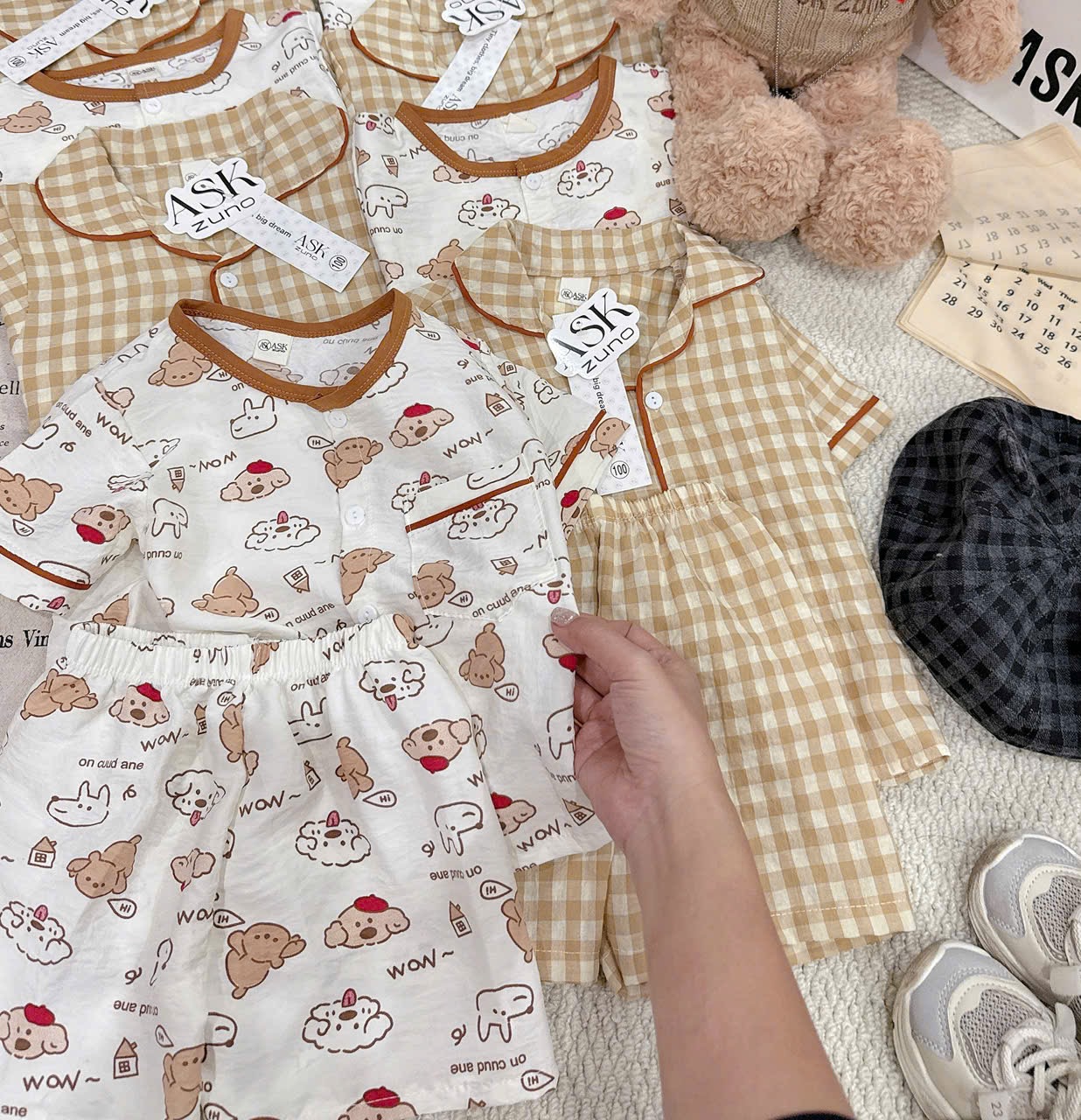 T157 - SET 2 BỘ ĐÙI BÉ TRAI PYJAMA CHÓ PUPPY kẻ vàng trắng