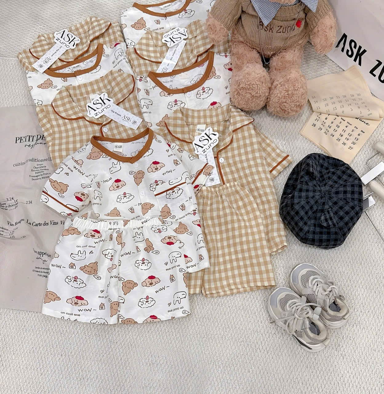 T157 - SET 2 BỘ ĐÙI BÉ TRAI PYJAMA CHÓ PUPPY kẻ vàng trắng