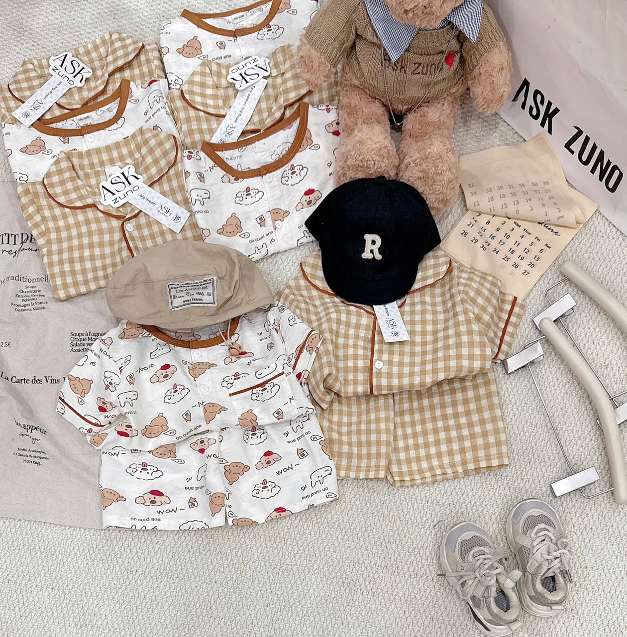 T157 - SET 2 BỘ ĐÙI BÉ TRAI PYJAMA CHÓ PUPPY kẻ vàng trắng