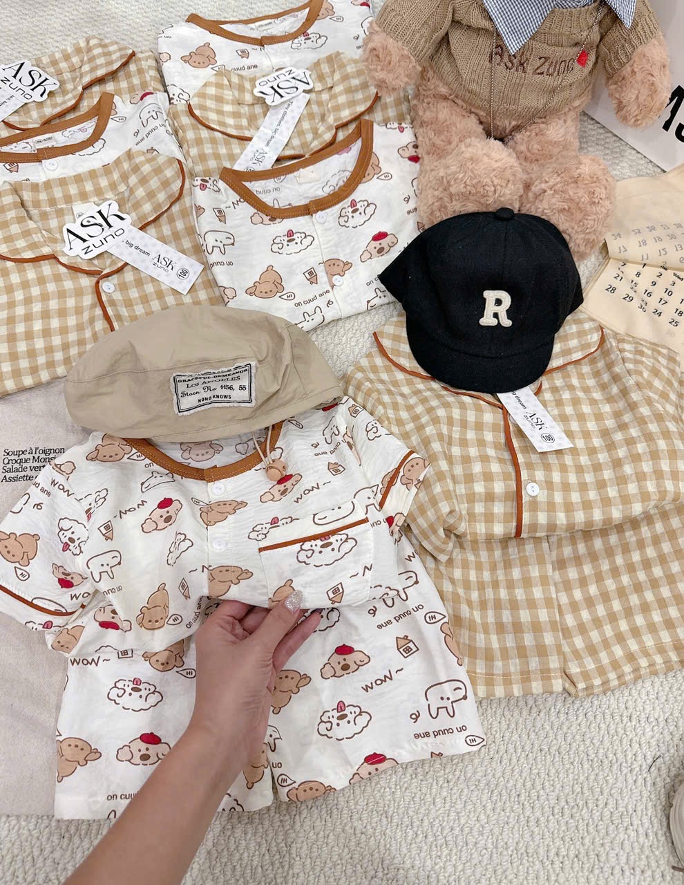T157 - SET 2 BỘ ĐÙI BÉ TRAI PYJAMA CHÓ PUPPY kẻ vàng trắng