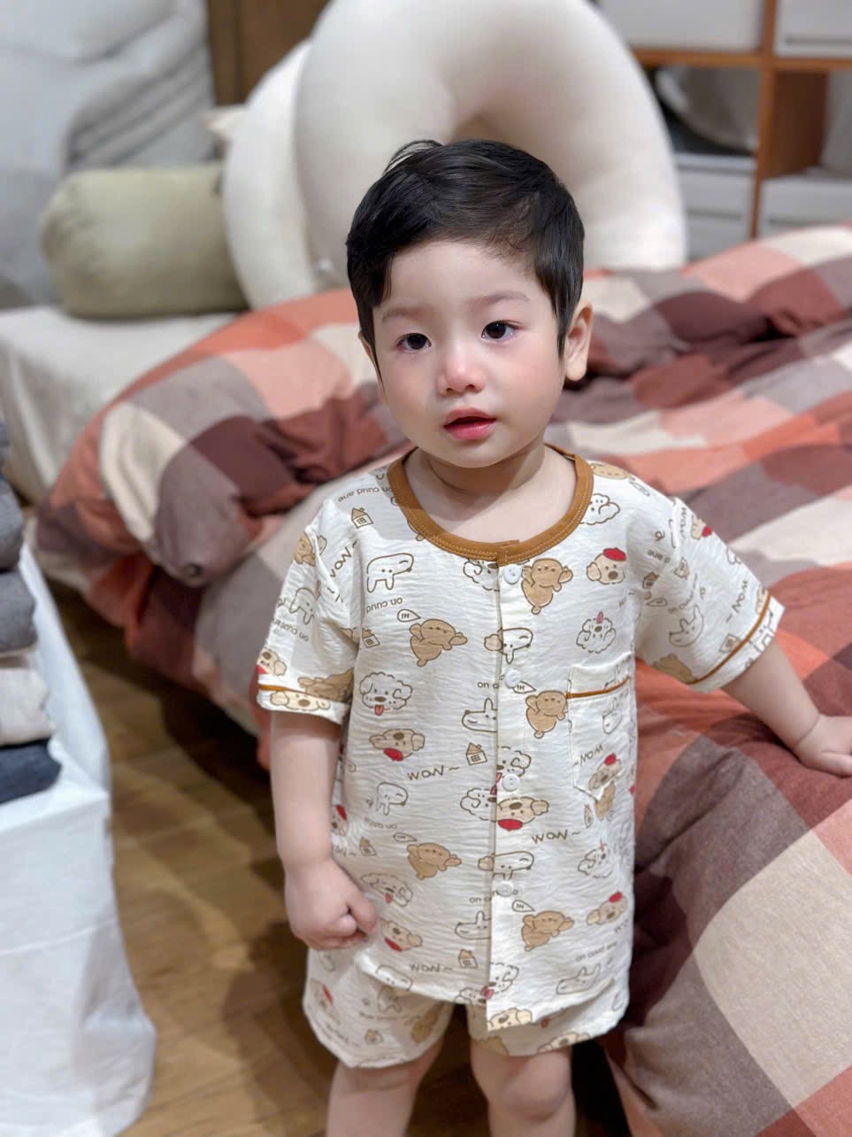 T157 - SET 2 BỘ ĐÙI BÉ TRAI PYJAMA CHÓ PUPPY kẻ vàng trắng