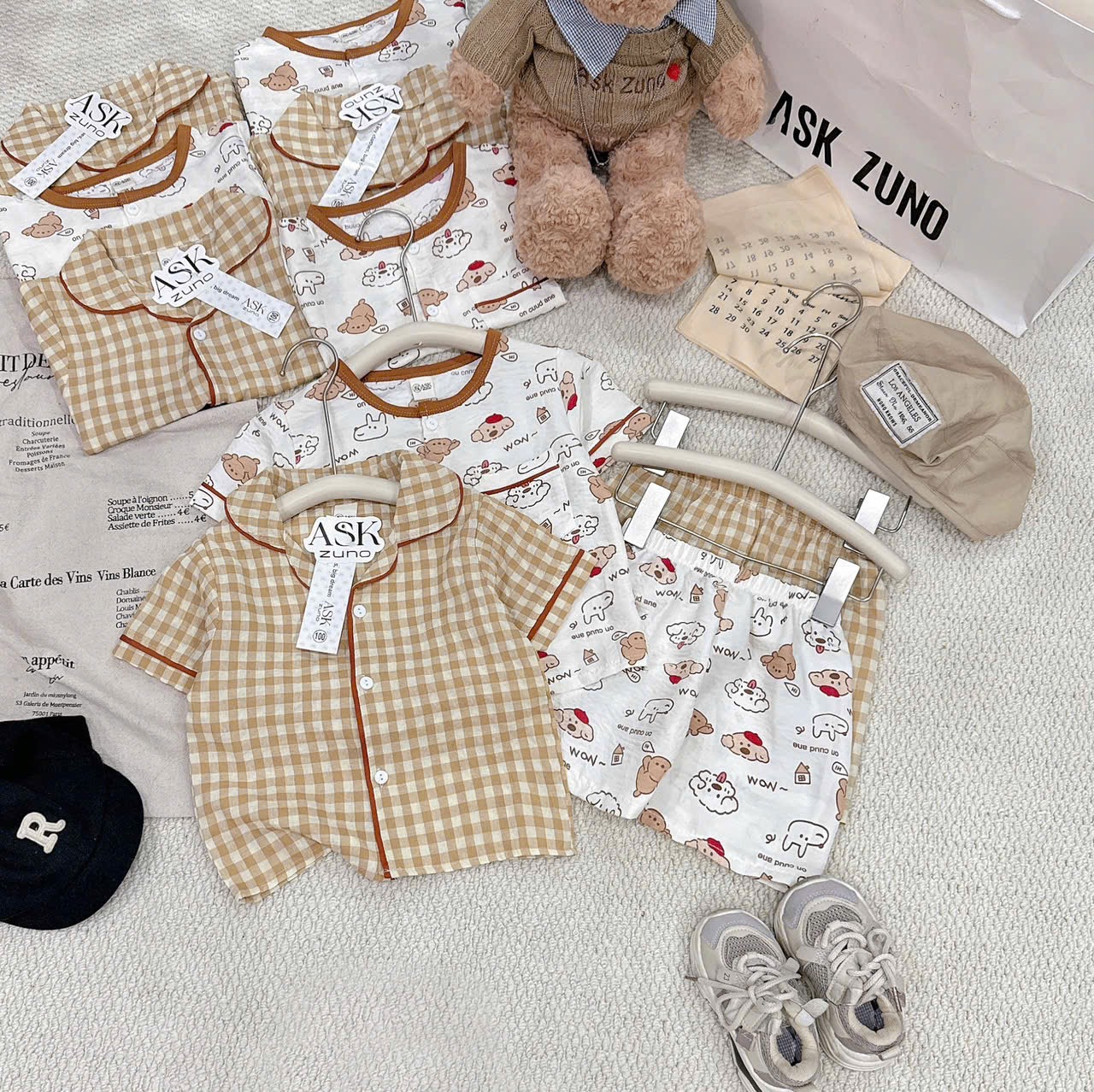 T157 - SET 2 BỘ ĐÙI BÉ TRAI PYJAMA CHÓ PUPPY kẻ vàng trắng
