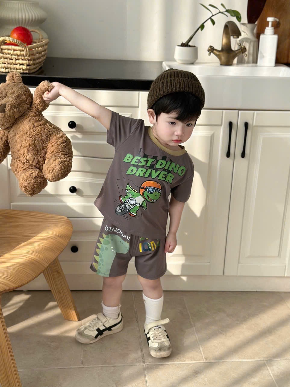 T158 - SET 3 BỘ ĐÙI BÉ TRAI KHỦNG LONG DINO xám rêu be
