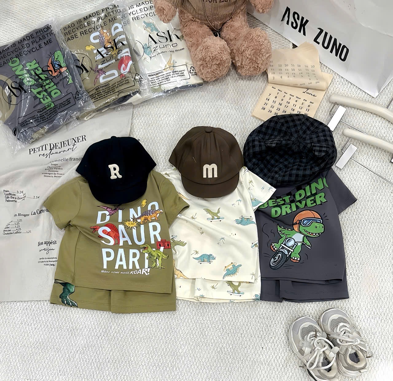 T158 - SET 3 BỘ ĐÙI BÉ TRAI KHỦNG LONG DINO xám rêu be