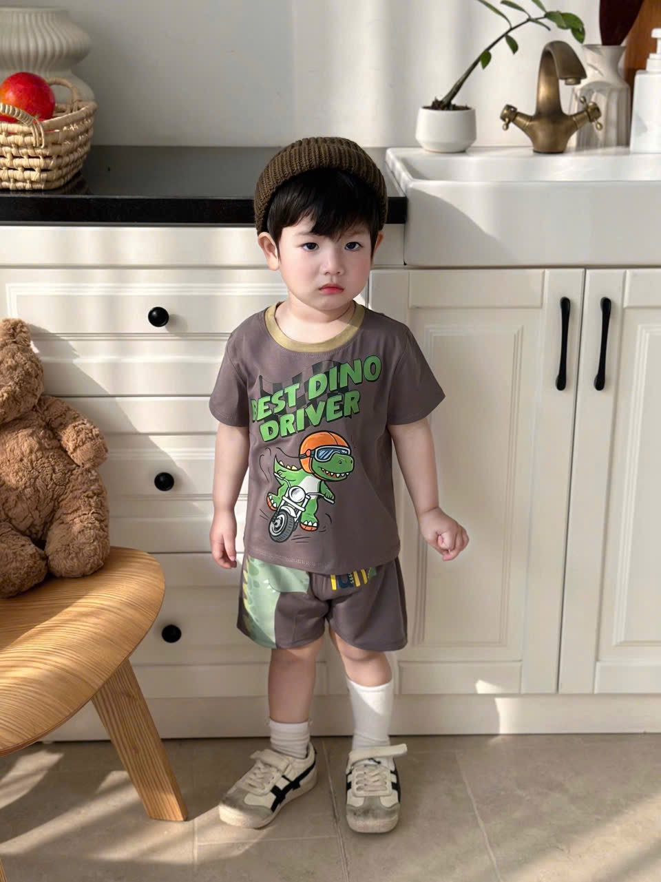 T158 - SET 3 BỘ ĐÙI BÉ TRAI KHỦNG LONG DINO xám rêu be