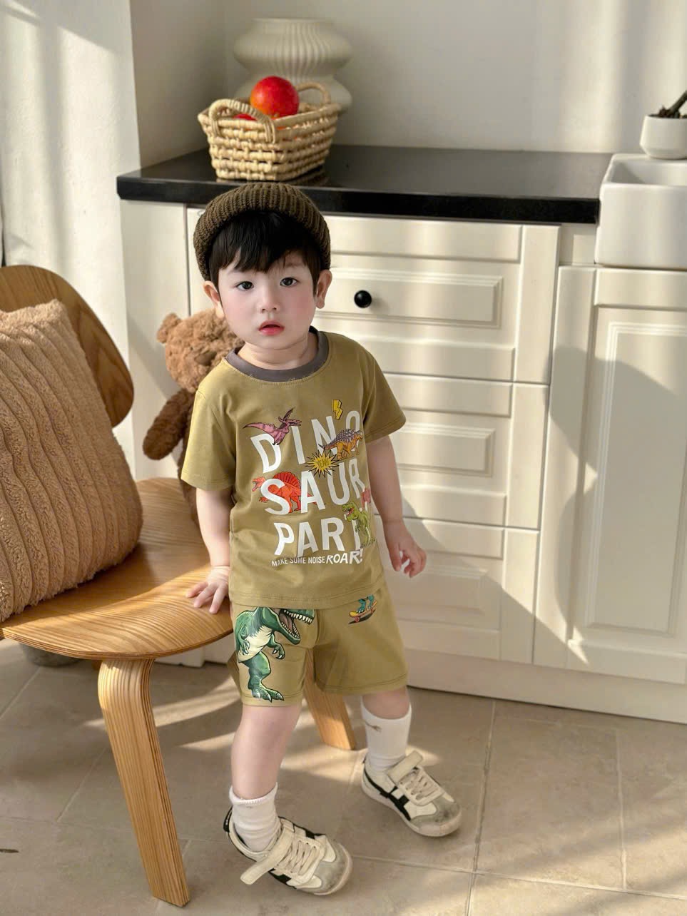 T158 - SET 3 BỘ ĐÙI BÉ TRAI KHỦNG LONG DINO xám rêu be