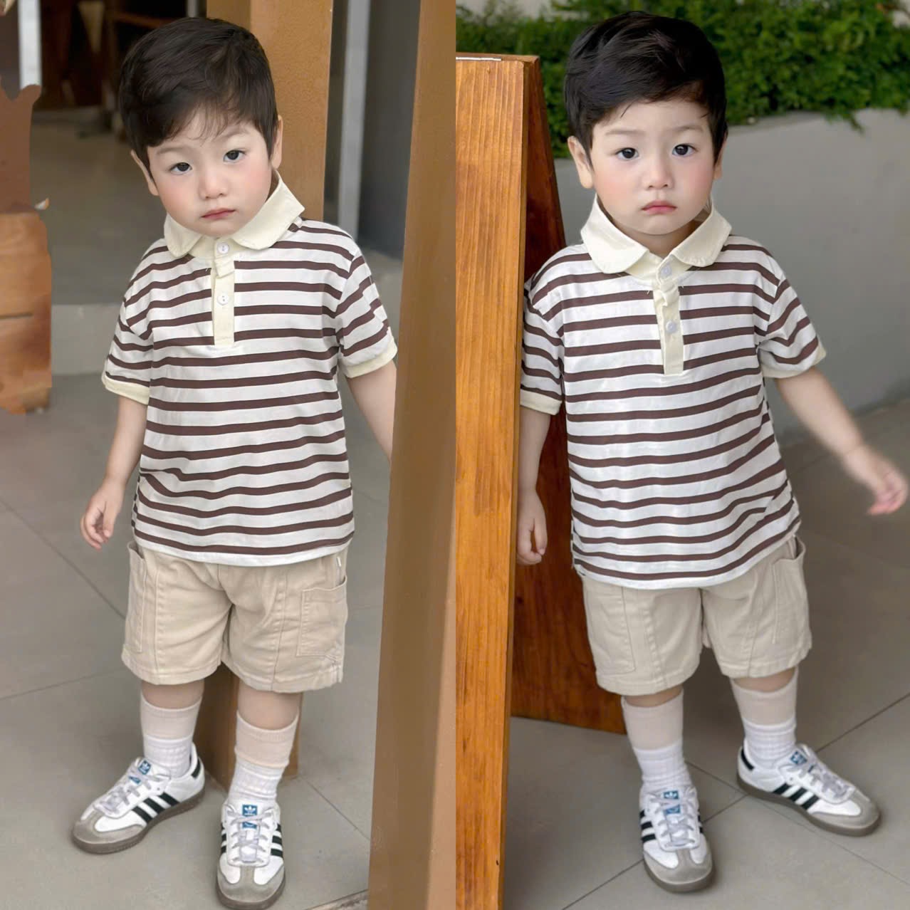 T175 - BỘ ĐÙI BÉ TRAI ÁO POLO KẺ NÂU CỔ BE QUẦN KAKI BE