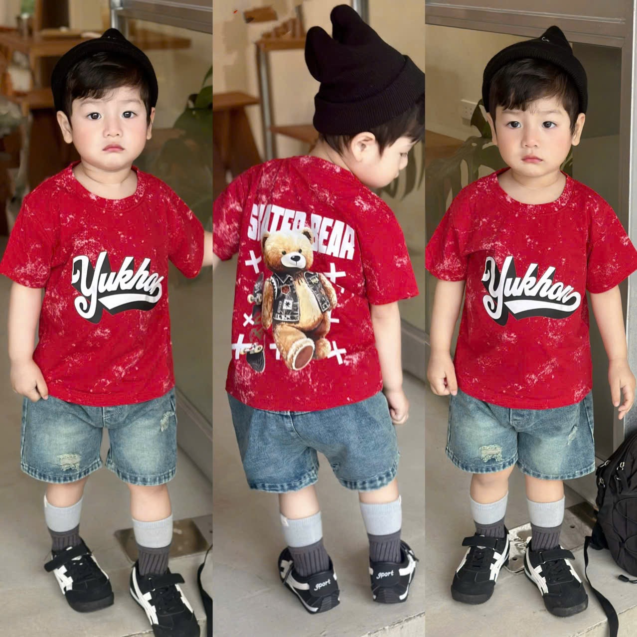 T177 - SET BÉ TRAI ÁO ĐỎ LOANG Yukhon QUẦN BÒ