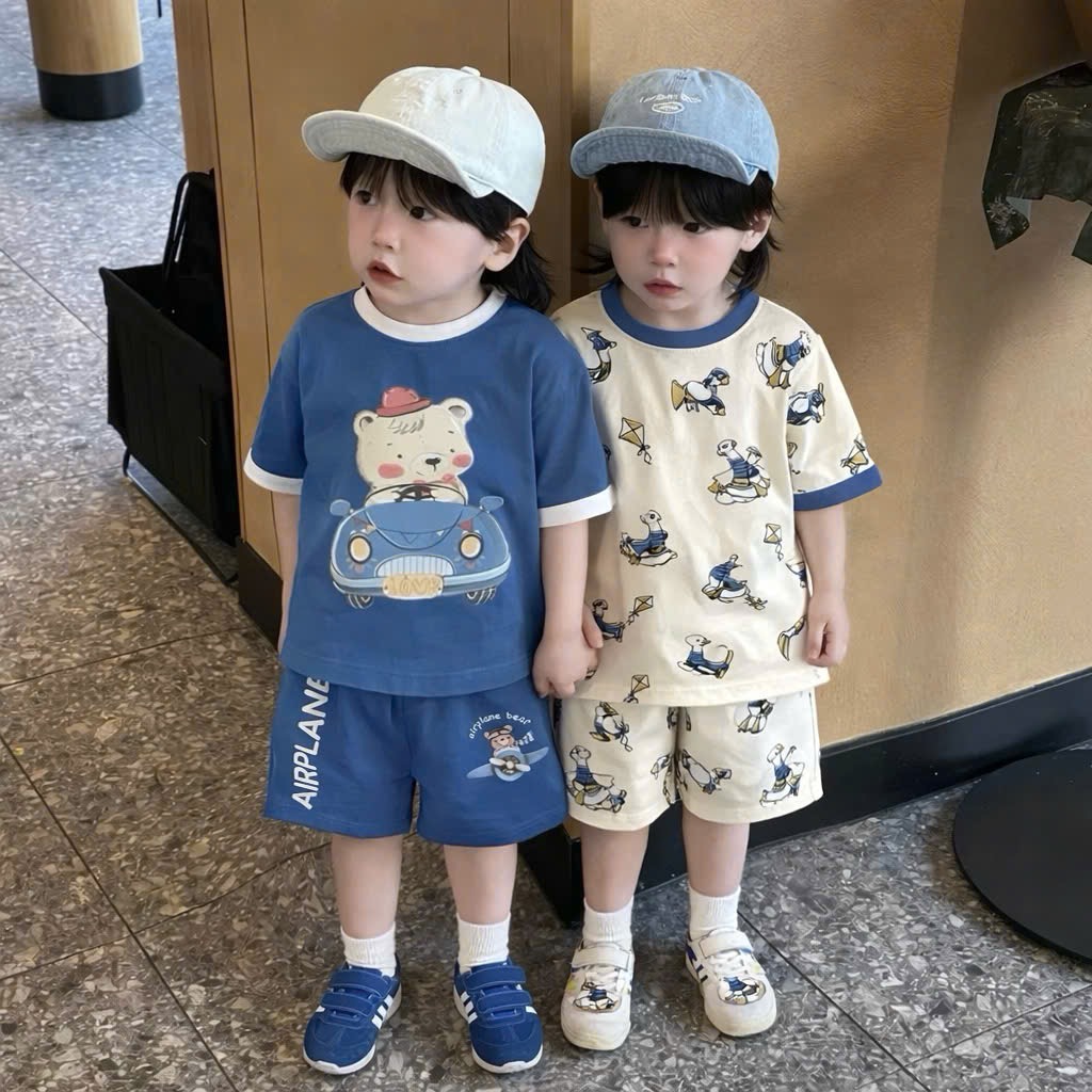 T180 - SET 3 BỘ ĐÙI BÉ TRAI GẤU AIRPLANE CỔ VIỀN xanh be