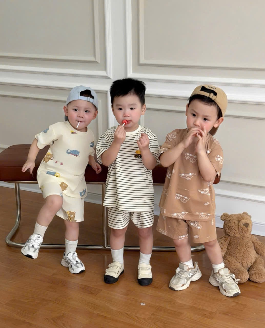 T182 - SET 3 BỘ ĐÙI BÉ TRAI OTO GẤU nâu be kẻ