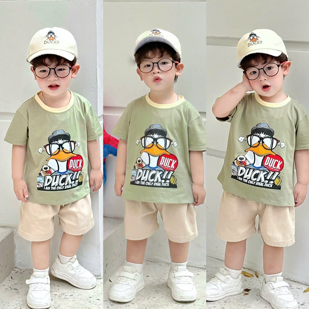 T186 - BỘ ĐÙI BÉ TRAI ÁO XANH VỊT DUCK QUẦN BE KÈM MŨ