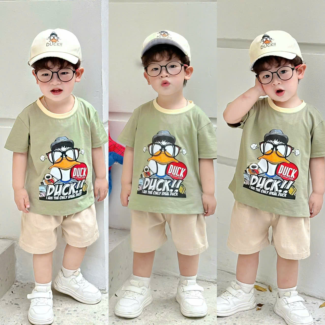 T186 - BỘ ĐÙI BÉ TRAI ÁO XANH VỊT DUCK QUẦN BE KÈM MŨ