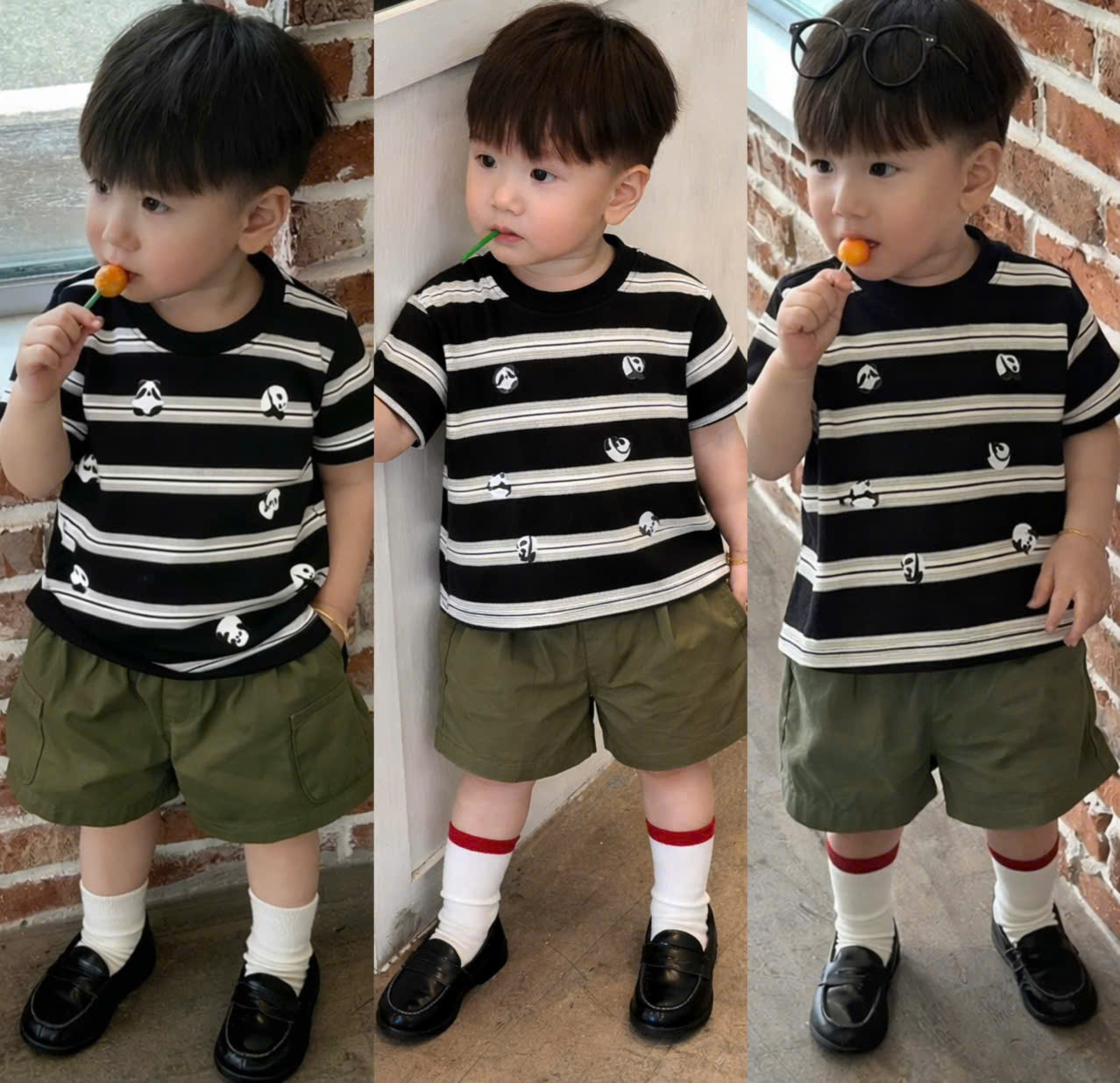 T187 - BỘ ĐÙI BÉ TRAI ÁO DỆT KẺ NGANG GẤU TRÚC QUẦN RÊU