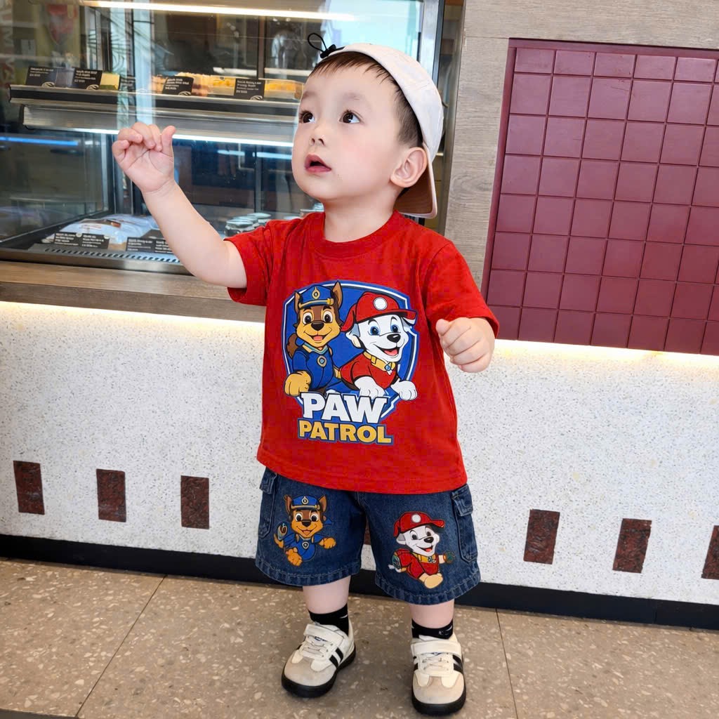 T189 - BỘ ĐÙI BÉ TRAI ÁO ĐỎ CHÓ CỨU HỘ QUẦN BÒ XANH