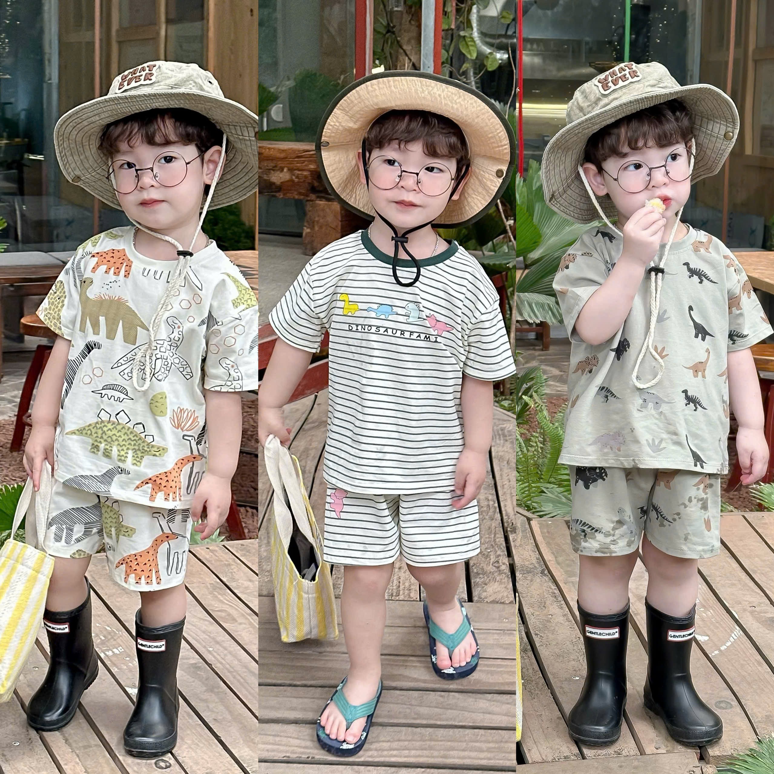 T207 - SET 3 BỘ ĐÙI BÉ TRAI KHỦNG LONG TRÀN xanh be kẻ